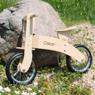 Wooden balance bicycle with name personalisation