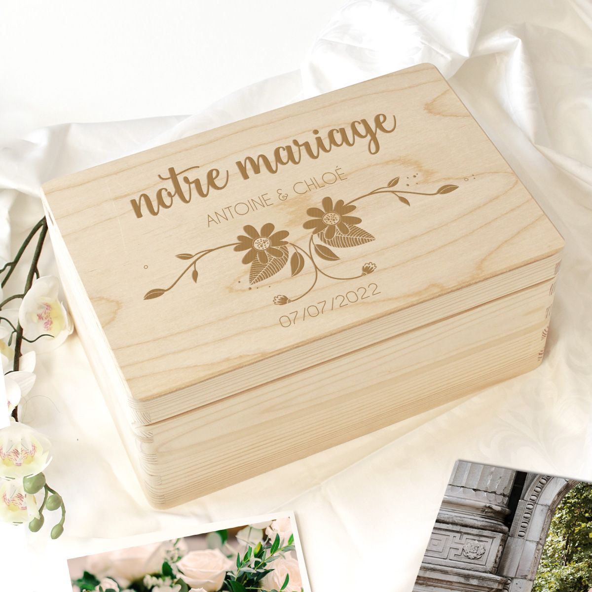 Boîte à souvenirs vrille de fleurs personnalisée pour le mariage