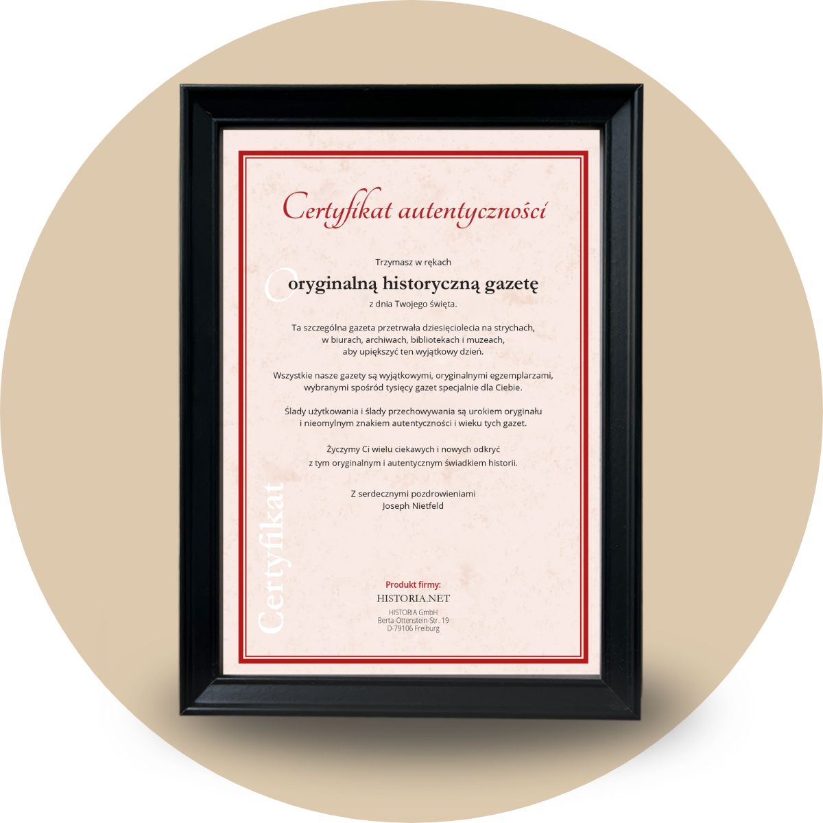 Certyfikat autentyczności starej gazety z archiwum HISTORIA